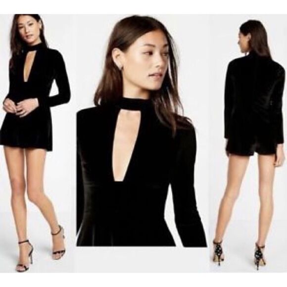 NWT Express Velvet Mock Neck Choker Cut Out Plunge Long Sleeve Romper, Medium - Picture 2 of 14